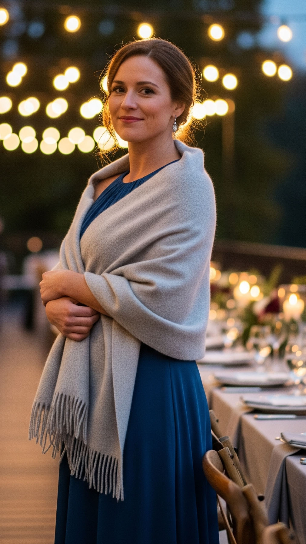 Ritratto di una donna elegante a un matrimonio serale di ottobre. Indossa un abito lungo color petrolio e una morbida stola di cashmere grigio perla avvolta sulle spalle per proteggersi dal fresco serale, in una terrazza esterna illuminata da lucine, che crea un'atmosfera calda e raffinata.