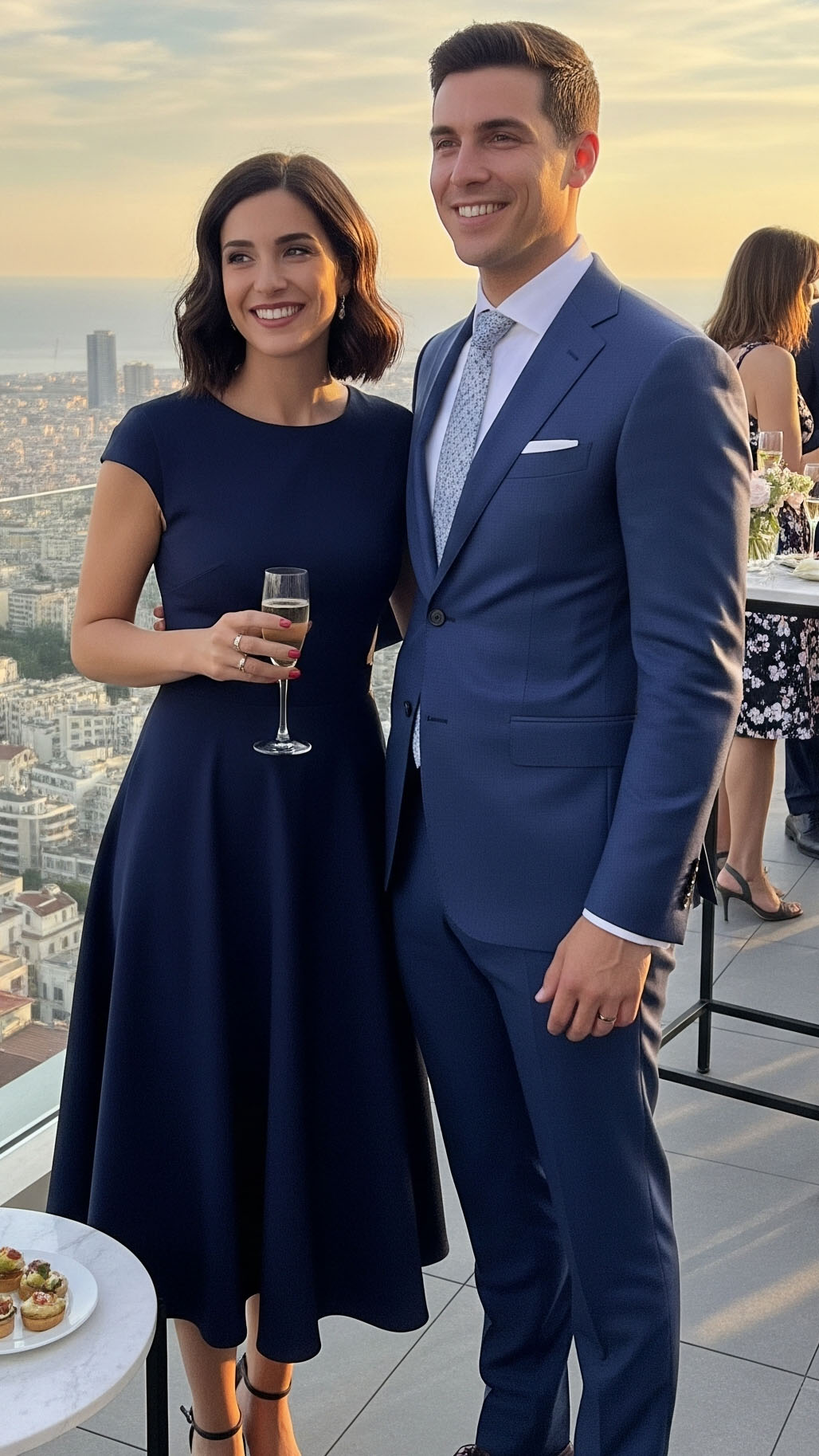 Coppia di invitati a un matrimonio autunnale su una terrazza panoramica. Lui indossa un abito blu navy e lei un vestito midi coordinato, un'idea look elegante per una cerimonia di sera.