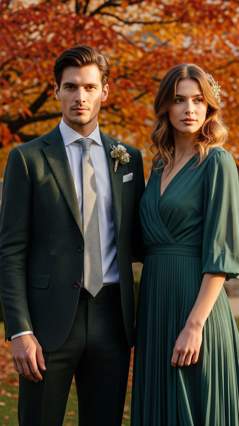 Coppia di invitati a un matrimonio autunnale in un giardino elegante, con lui che indossa un completo spezzato verde bosco e lei un abito lungo fluttuante della stessa tonalità, perfetti per un ricevimento all'aperto.