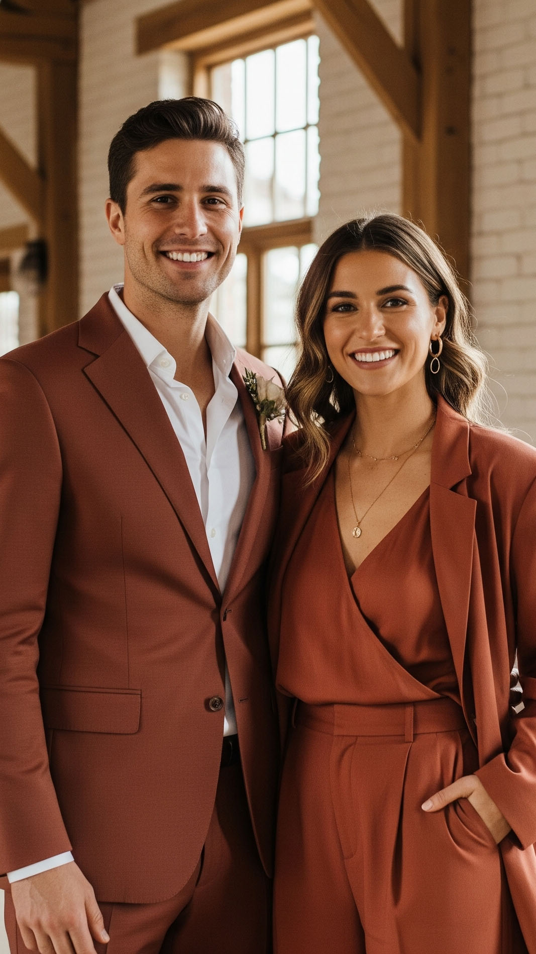Coppia di invitati a un matrimonio d'autunno in un casale ristrutturato, mostrando outfit color terracotta: lui con un abito e lei con un tailleur pantalone elegante e di tendenza, ideale per un matrimonio rustico chic.