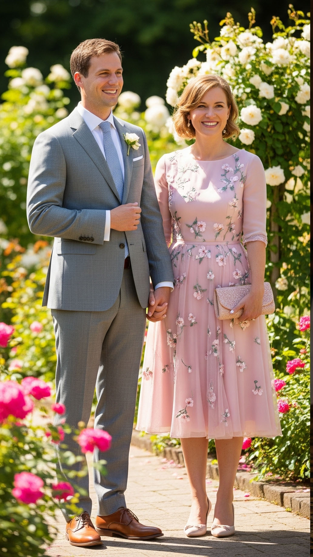 Coppia di invitati posa in un giardino con un look da cerimonia diurna per un matrimonio a ottobre: l'uomo indossa un abito grigio chiaro e la donna un vestito rosa pastello al ginocchio.

