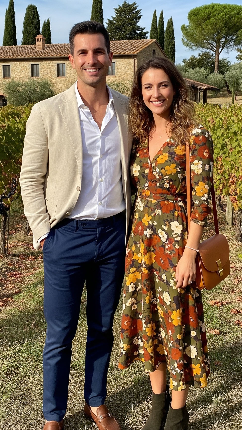 Coppia di invitati con outfit da matrimonio a ottobre in agriturismo: lui indossa un completo spezzato color beige e blu, lei un abito floreale midi con stivali.