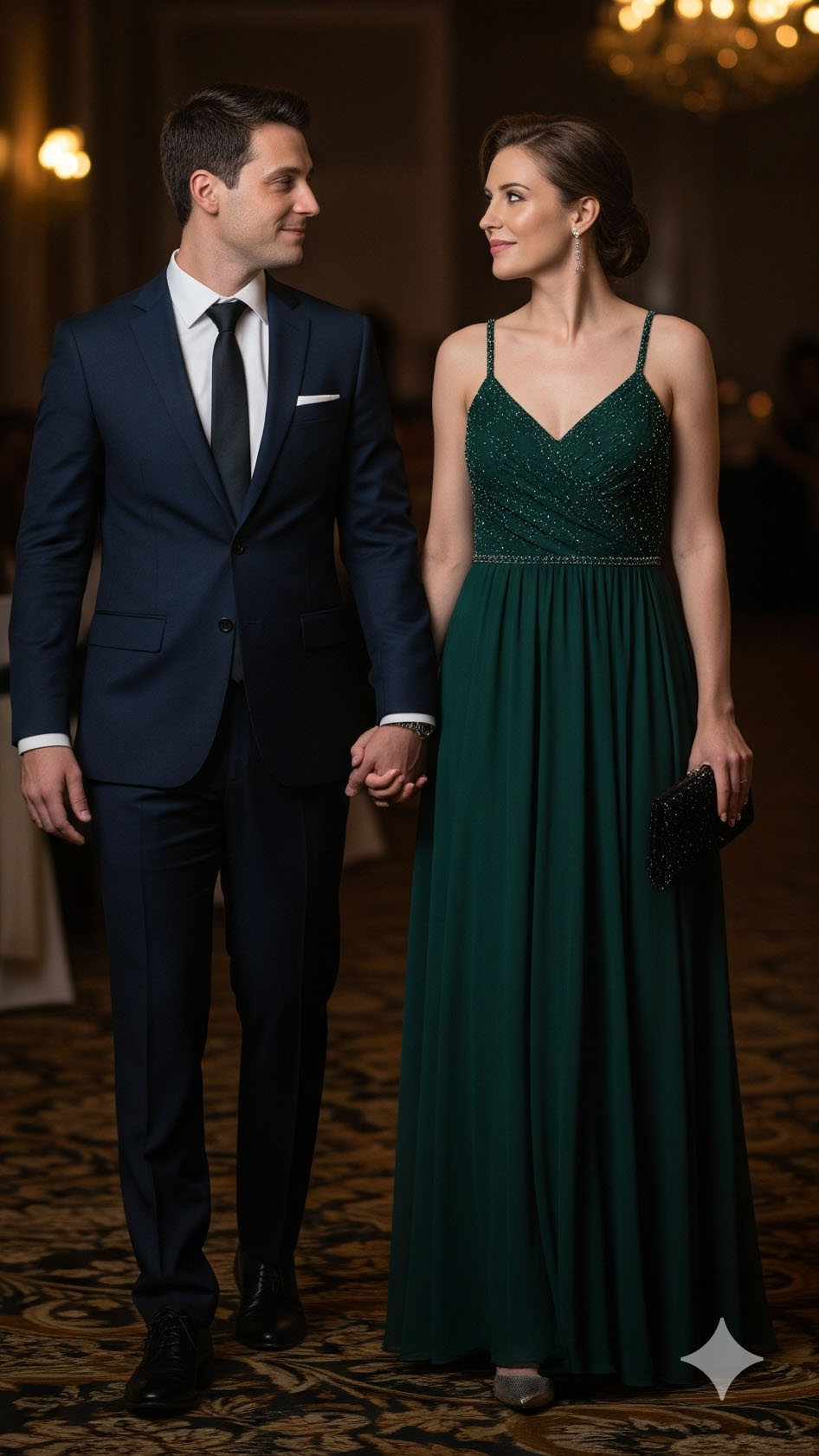 Coppia di invitati con un elegante outfit da sera per un ricevimento di matrimonio a ottobre: l'uomo indossa un abito scuro con cravatta e la donna un abito lungo color verde scuro.