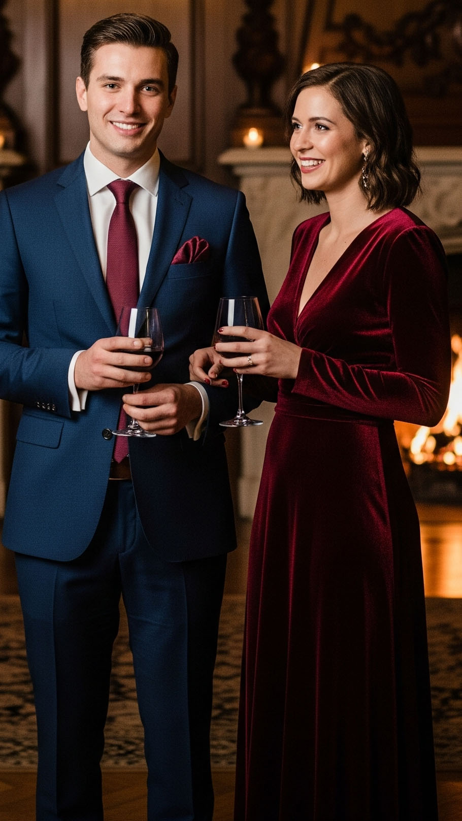 Coppia elegante a un matrimonio serale di ottobre in una villa storica con caminetto; lui indossa un abito blu con accessori bordeaux, lei un abito lungo in velluto bordeaux.