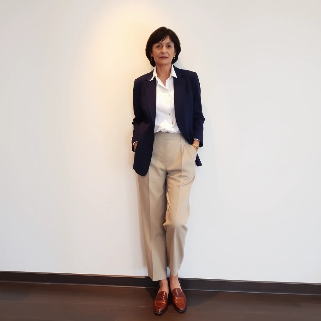 Come Vestirsi a 60 Anni per Sembrare Più Giovani 4 Donna di 60 anni che indossa una camicia bianca, un blazer blu navy, pantaloni culotte beige e mocassini marroni, in piedi contro una parete bianca, con uno stile elegante e giovanile.
