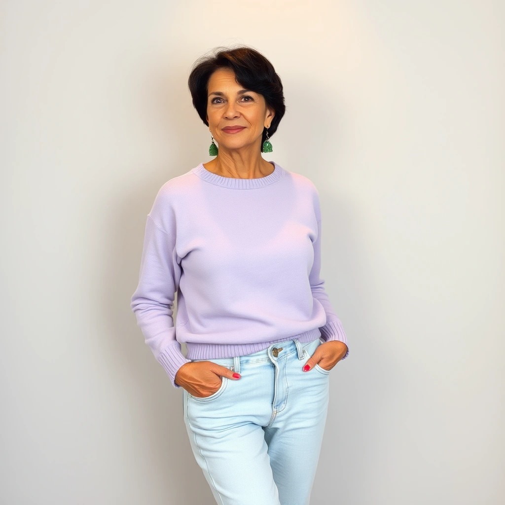 Come Vestirsi a 60 Anni per Sembrare Più Giovani 1 Donna di 60 anni che indossa un maglione color lavanda e jeans chiari a vita alta, con un sorriso elegante e accessori semplici.