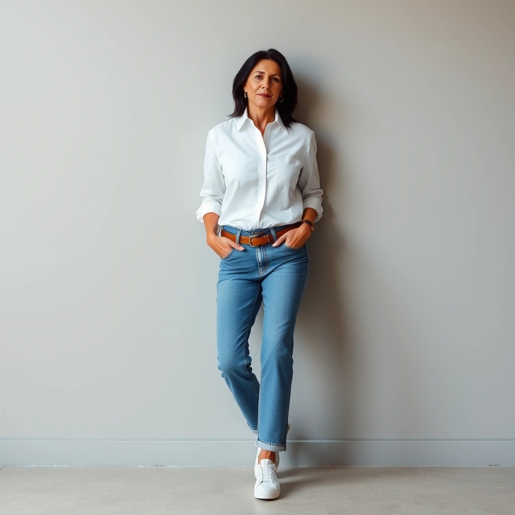 Come Vestirsi a 60 Anni per Sembrare Più Giovani 3 Donna di 60 anni che indossa una camicia bianca, jeans a vita alta, cintura marrone e sneakers bianche, in posa contro un muro chiaro.