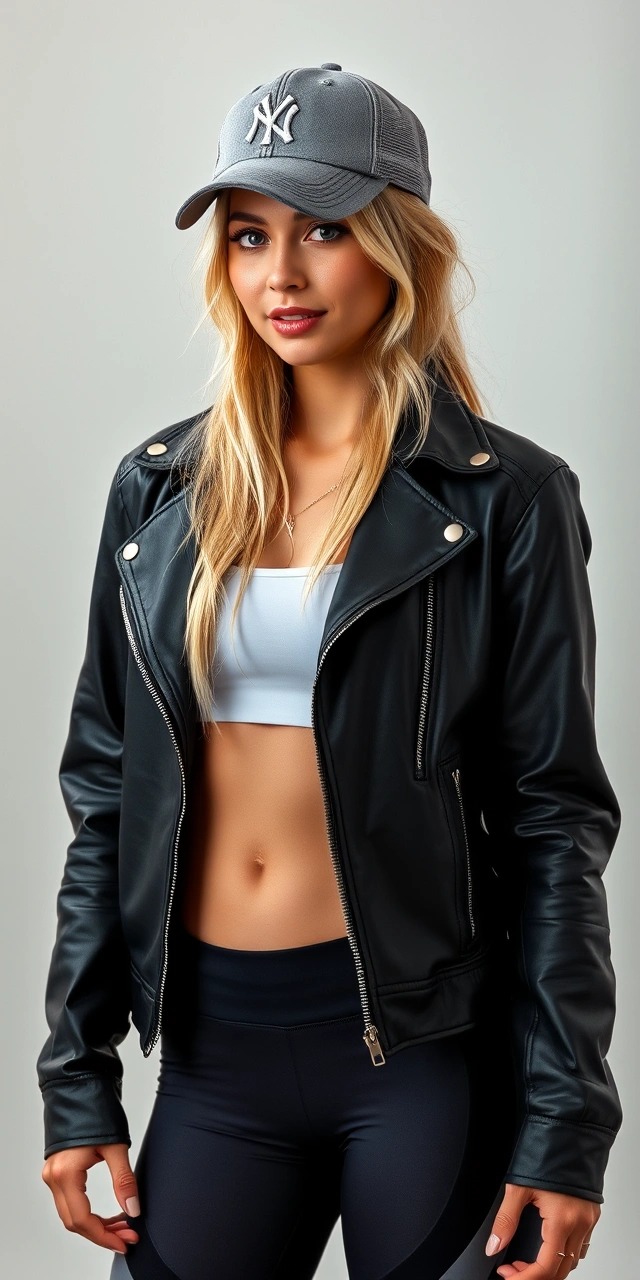 Cosa abbinare a un giubbotto di pelle 10 Abbinamenti giubbotto di pelle donna in stile sporty con crop top bianco e cappello da baseball – ispirazione attiva su come abbinare un giubbotto di pelle donna