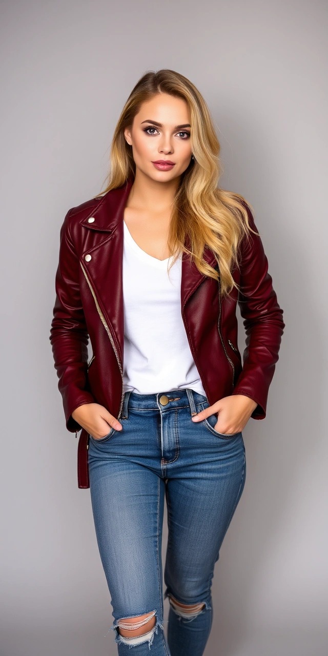 Cosa abbinare a un giubbotto di pelle 2 Abbinamento giubbotto di pelle donna bordeaux con jeans strappati e t-shirt bianca – esempio su come abbinare un giubbotto di pelle donna con stile