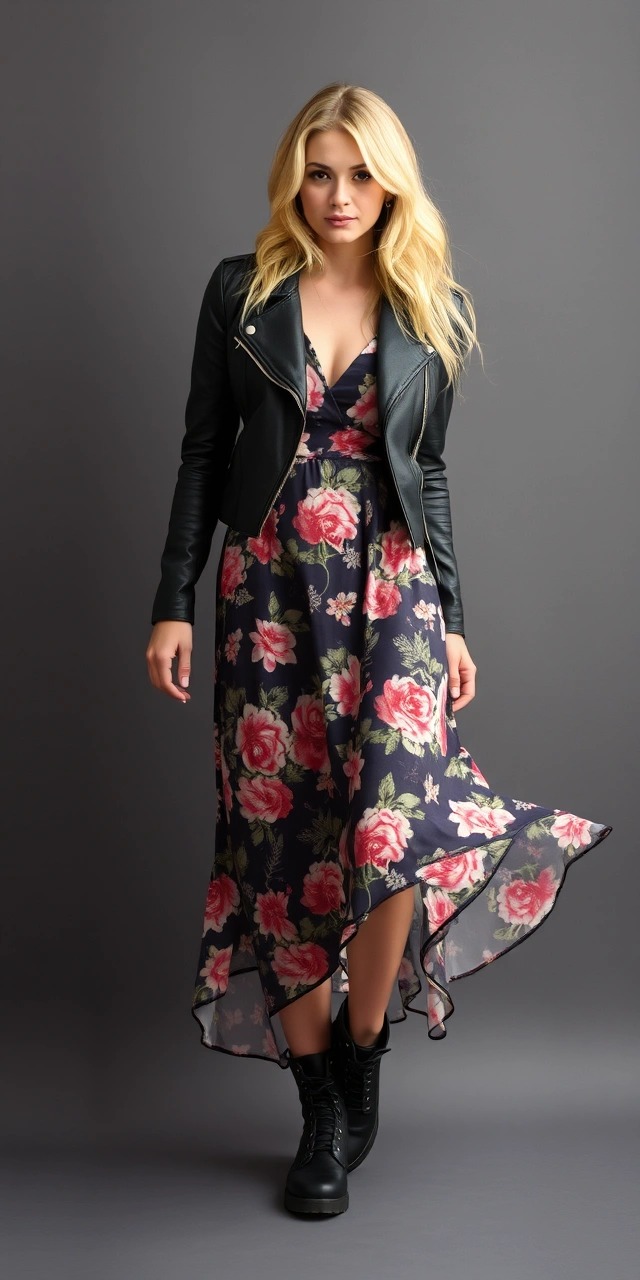 Cosa abbinare a un giubbotto di pelle 3 Abbinamenti giubbotto di pelle donna con vestito floreale e anfibi – esempio romantico-rock su come abbinare un giubbotto di pelle donna