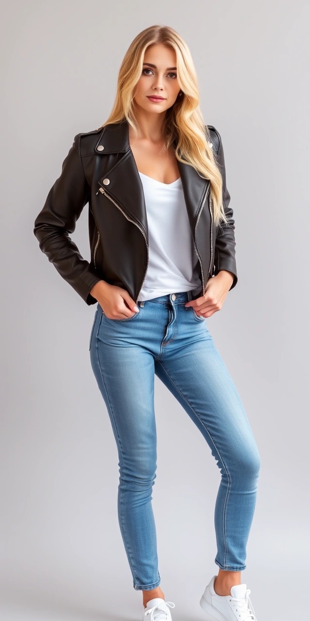 Cosa abbinare a un giubbotto di pelle 1 Outfit giubbotto di pelle donna nero con jeans skinny e sneakers bianche – idea casual su come abbinare un giubbotto di pelle donna