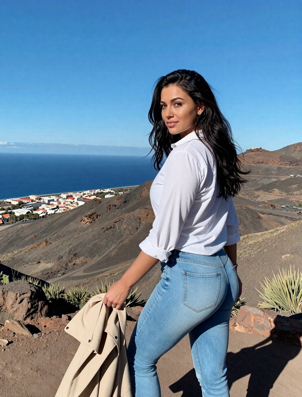 Donna con camicia bianca e jeans durante un’escursione a Tenerife con vista mare e paesaggio vulcanico