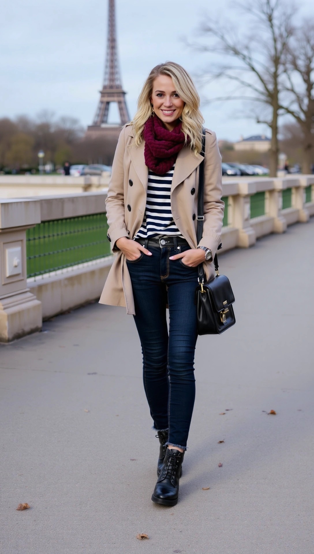 Donna sorridente con outfit autunnale parigino: trench beige, maglia a righe, jeans scuri, stivaletti neri, borsa a tracolla e sciarpa bordeaux. Torre Eiffel sullo sfondo.