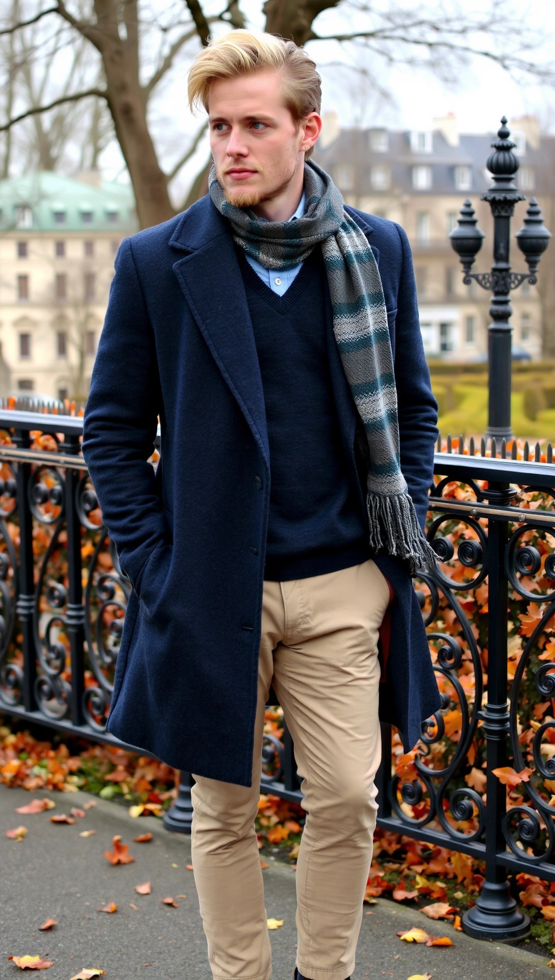 Uomo elegante con outfit autunnale parigino: cappotto blu navy, maglione scuro, camicia azzurra, pantaloni chino beige e sciarpa a quadri grigia e verde.