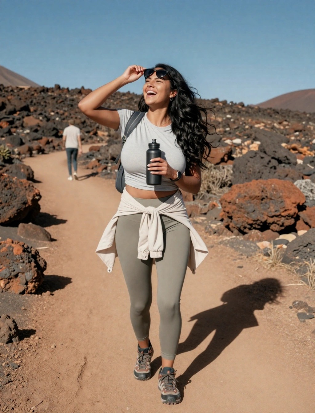 Donna con leggings, t-shirt e scarpe da trekking durante un’escursione sui sentieri vulcanici di Tenerife