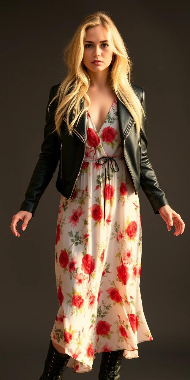 Cosa abbinare a un giubbotto di pelle 4 Outfit giubbotto di pelle donna con vestito a fiori chiaro e stivali – look femminile e grintoso su come abbinare un giubbotto di pelle donna