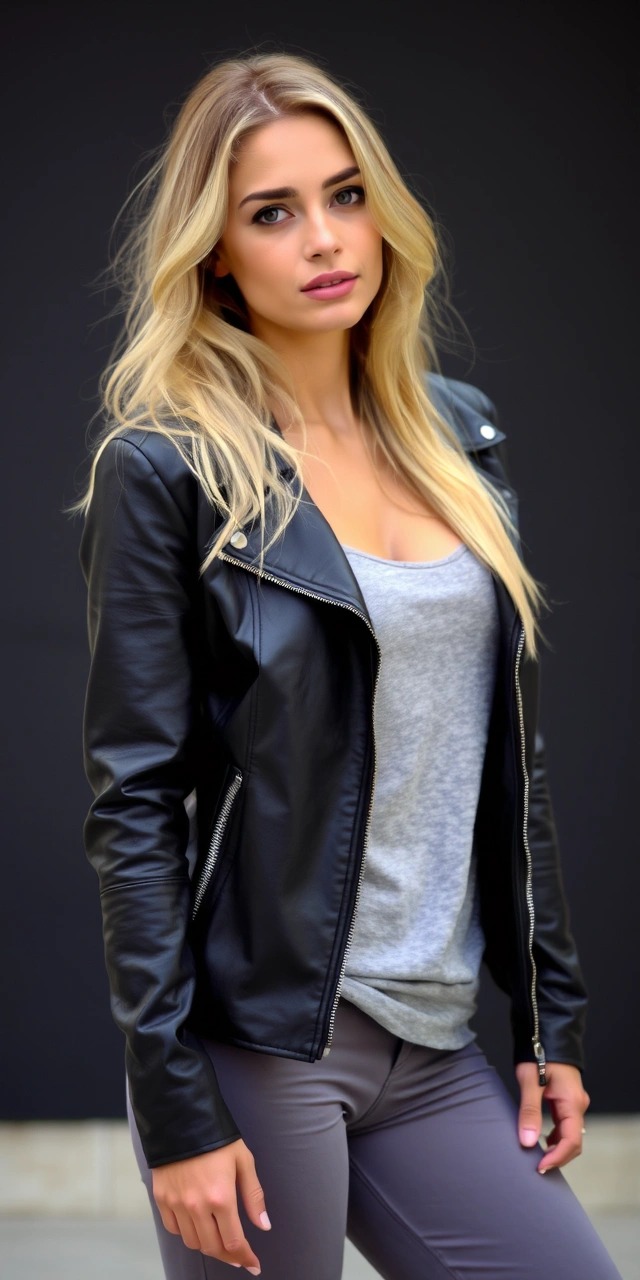 Cosa abbinare a un giubbotto di pelle 8 Abbinamenti giubbotto di pelle donna con t-shirt grigia e pantaloni neutri – stile minimal chic su come abbinare un giubbotto di pelle donna