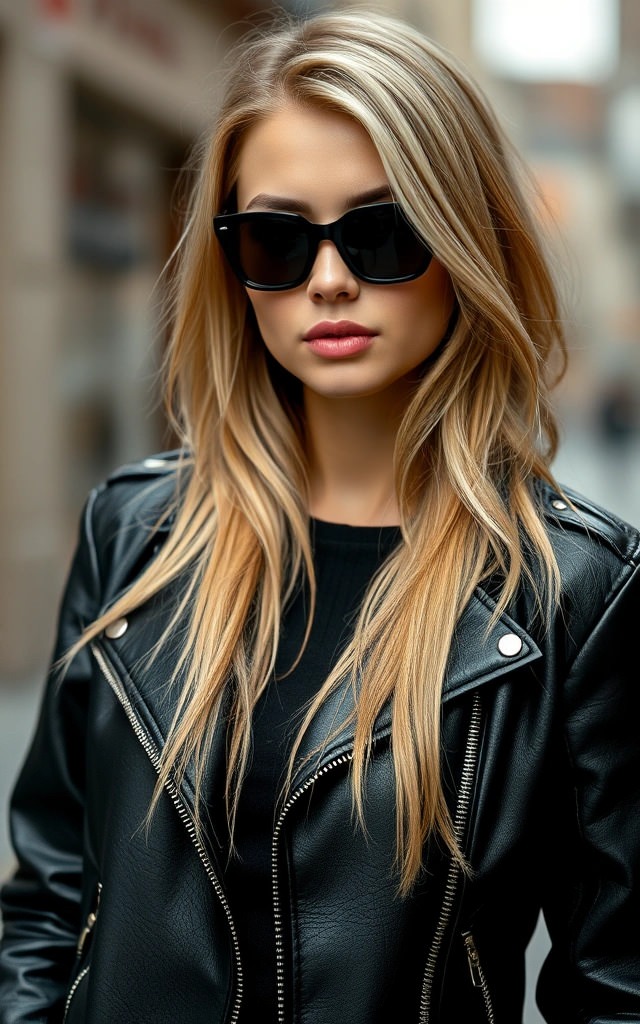 Outfit monocromatico con chiodo di pelle donna e occhiali scuri: ispirazione su come abbinare un chiodo di pelle donna per un look urbano total black, elegante e misterioso.