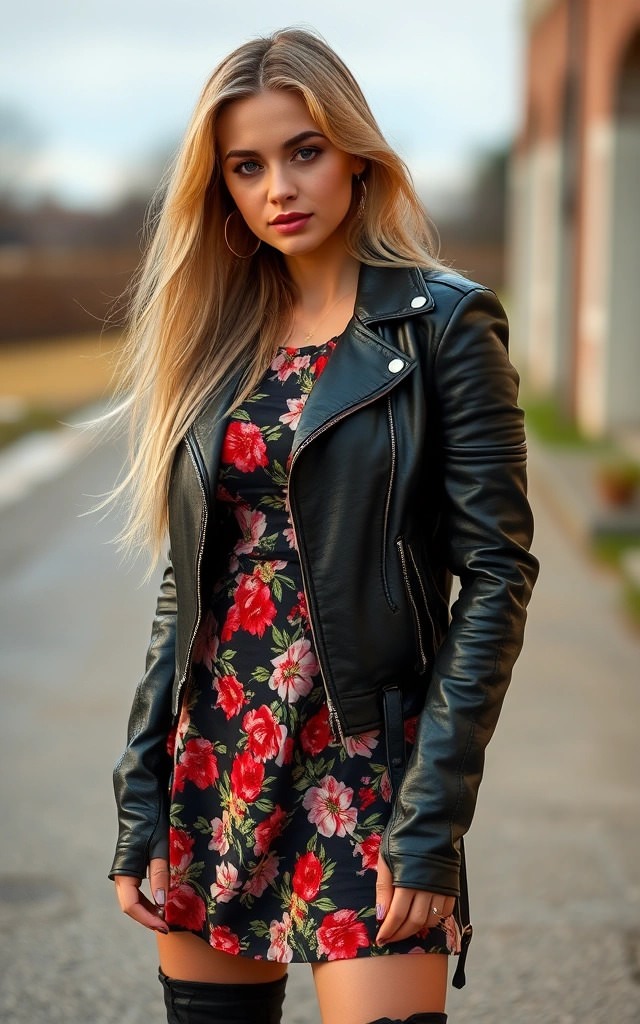 Esempio di come abbinare un chiodo di pelle donna con un vestito floreale e stivali alti per un look romantico ma grintoso.