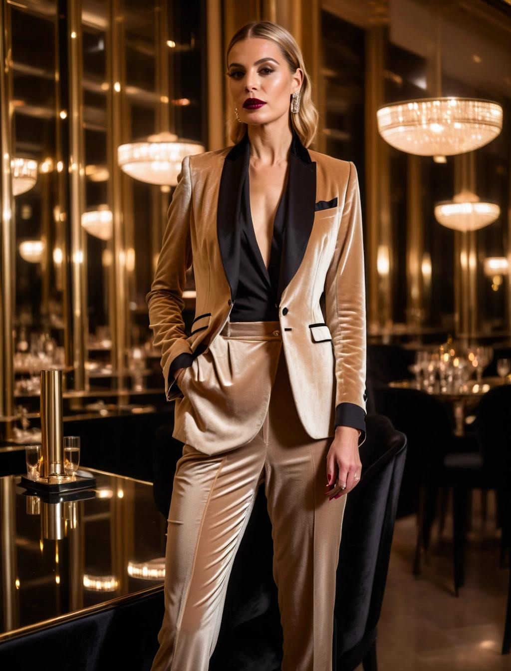 Donna sofisticata con un tailleur in velluto color champagne con dettagli neri, abbinato a un top scollato e orecchini brillanti, perfetto per una cena aziendale in inverno in un ambiente di lusso con luci calde e raffinate