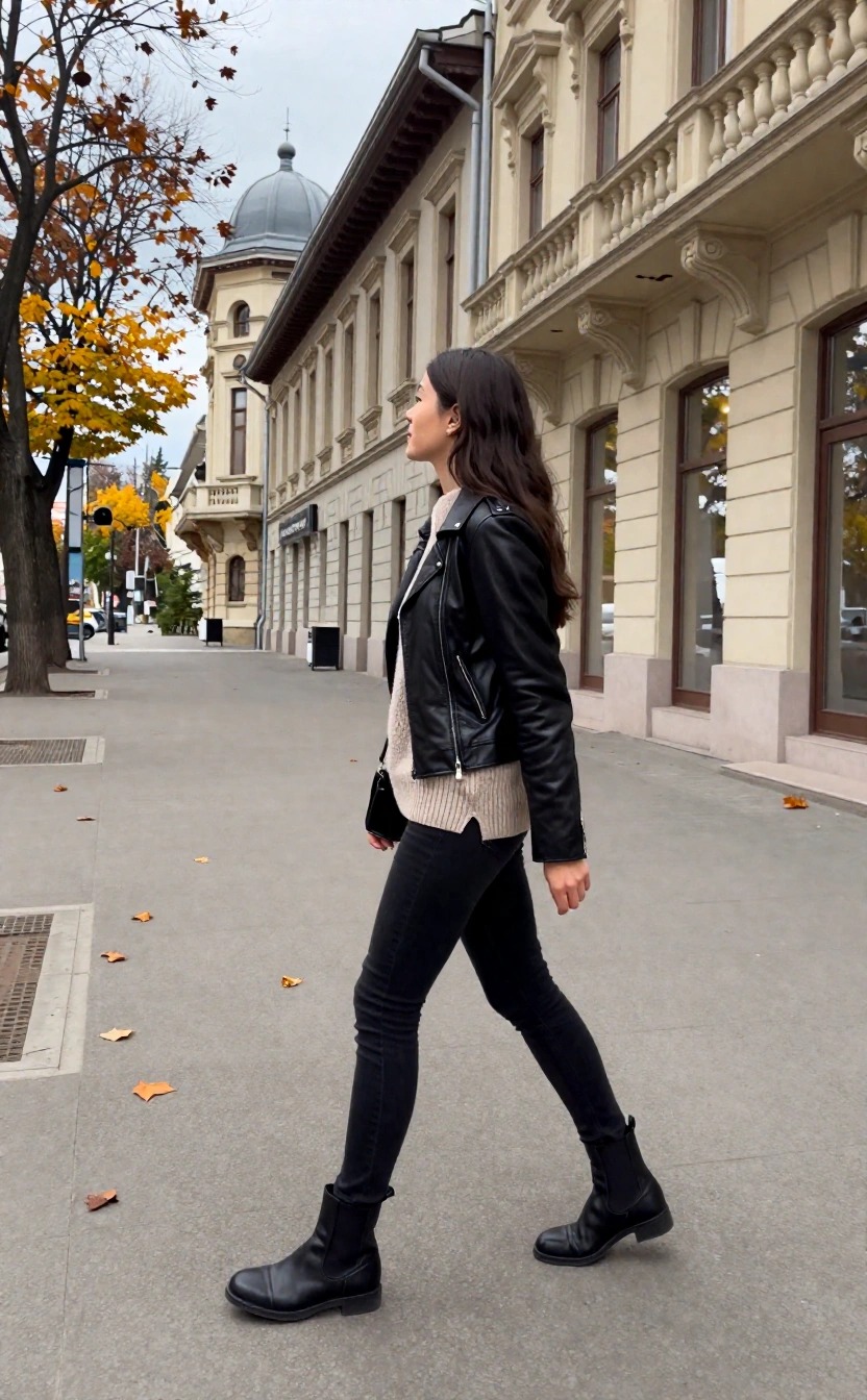 donna vestita in modo perfetto per autunno a bucarest