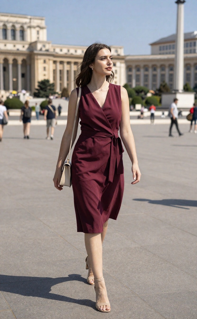 Donna che indossa un abito wrap bordeaux leggero in una piazza di Bucarest, un esempio di outfit estivo fresco e raffinato ideale per visitare la capitale rumena.