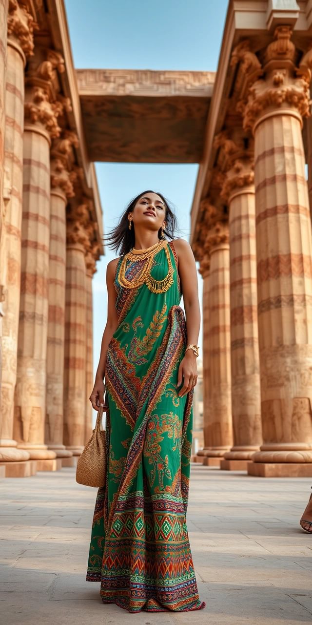 Come vestirsi in Egitto 1 Donna con abito lungo verde a fantasia dorata in stile boho-chic, con accessori dorati e borsa in paglia, cammina tra colonne di un tempio in Egitto. Outfit elegante e fresco per un viaggio culturale.