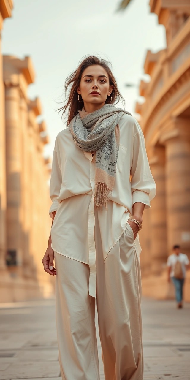 Come vestirsi in Egitto 3 Look minimal ed elegante per l’Egitto: donna con camicia bianca oversize, pantaloni larghi coordinati e pashmina grigia, perfetto per un viaggio con stile e rispetto della cultura locale