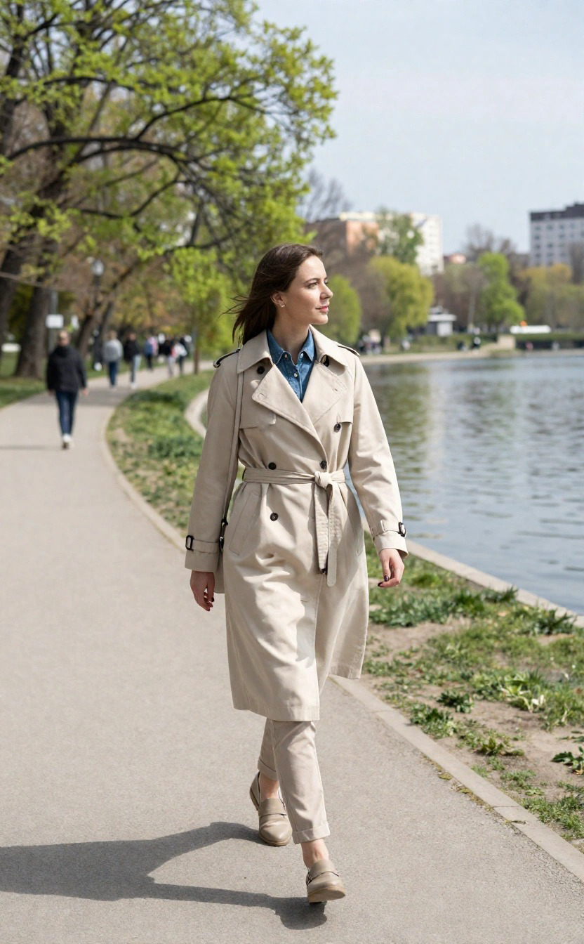 Donna che passeggia in un parco a Bucarest durante la primavera, indossando un outfit composto da trench beige classico, camicia di jeans e pantaloni chiari, un look ideale per la mezza stagione in città.
