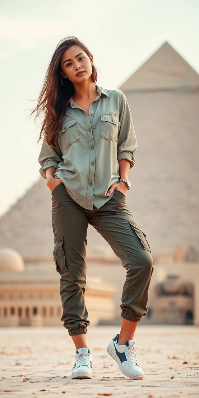 Come vestirsi in Egitto 4 Outfit safari per l’esplorazione delle piramidi in Egitto: donna con camicia cargo verde, pantaloni militari comodi e sneakers bianche, perfetto per escursioni nel deserto