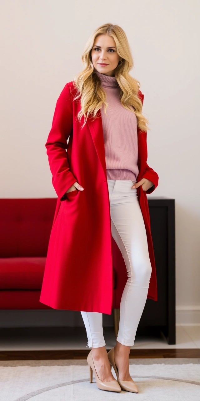 Come vestirsi bene in modo semplice? 12 Cappotto rosso, maglione rosa e pantaloni bianchi: combinazione audace e femminile per vestirsi bene ogni giorno con stile.