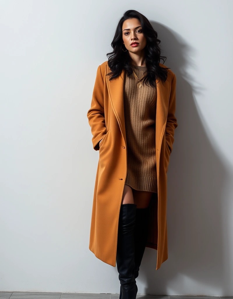 Donna con cappotto cammello, maglione lungo e stivali sopra il ginocchio neri, per un look invernale grintoso e chic.