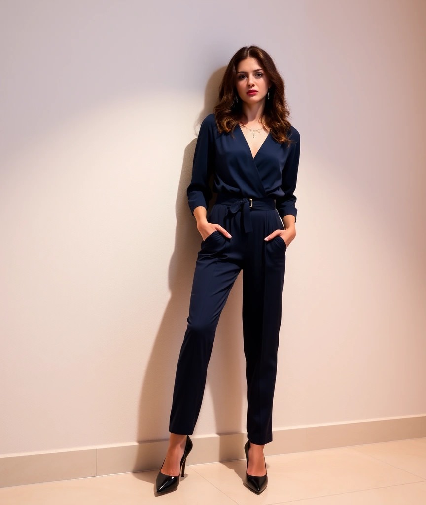 Come ci si veste per una cena aziendale 2 Donna in tuta blu navy con scollo incrociato, maniche lunghe e décolleté nere, in piedi con le mani in tasca. Outfit sofisticato e adatto a una serata elegante
