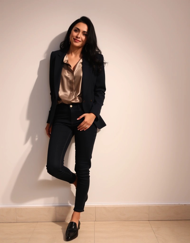 Cosa indossare per un evento aziendale 11 Donna con jeans scuri, camicia satinata color champagne e blazer blu navy. Ai piedi mocassini eleganti.