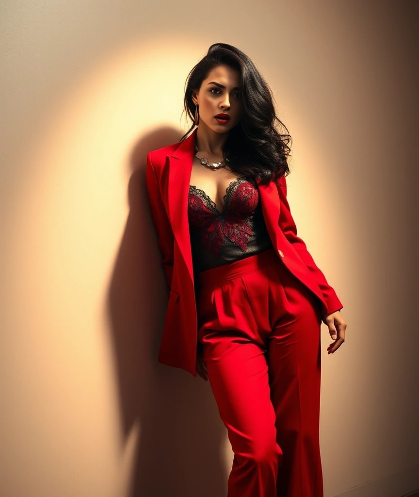 Come ci si veste per una cena aziendale 8 Donna in tailleur rosso fuoco con top in pizzo nero, in posa contro una parete. Look audace ed elegante, ideale per chi vuole distinguersi con carattere.
