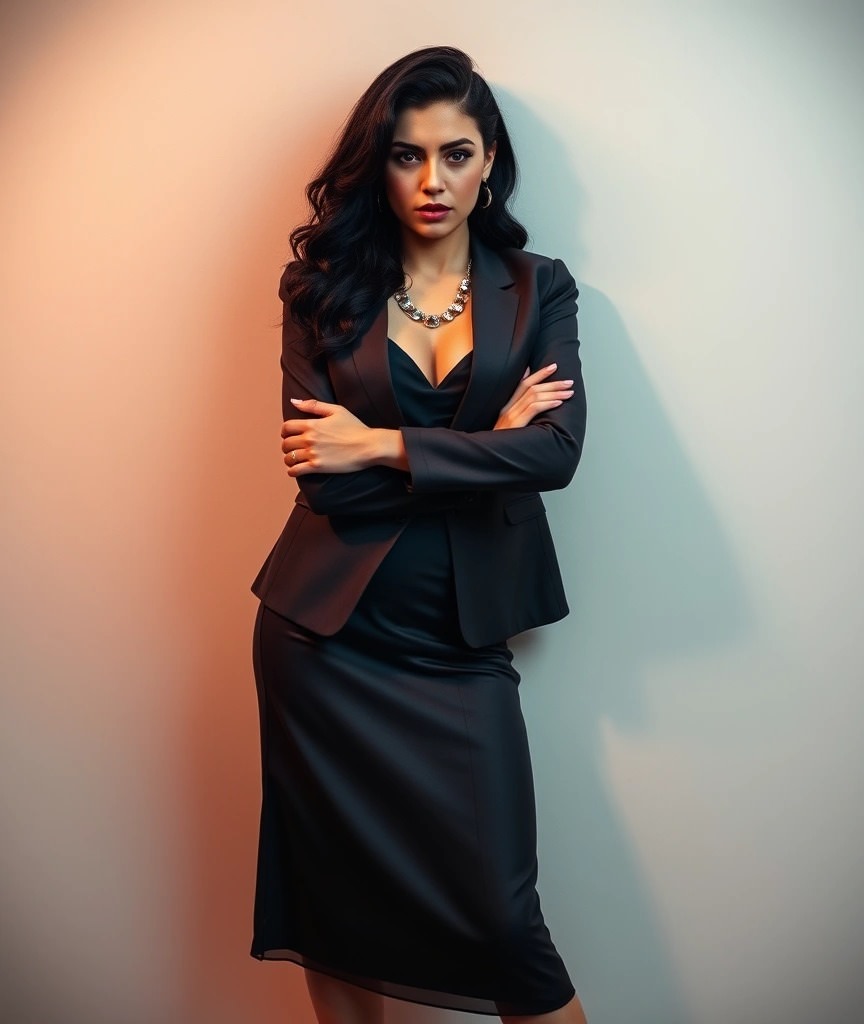 Cosa indossare per un evento aziendale 4 Donna in abito midi nero con blazer coordinato e collana statement. Look elegante e sofisticato.