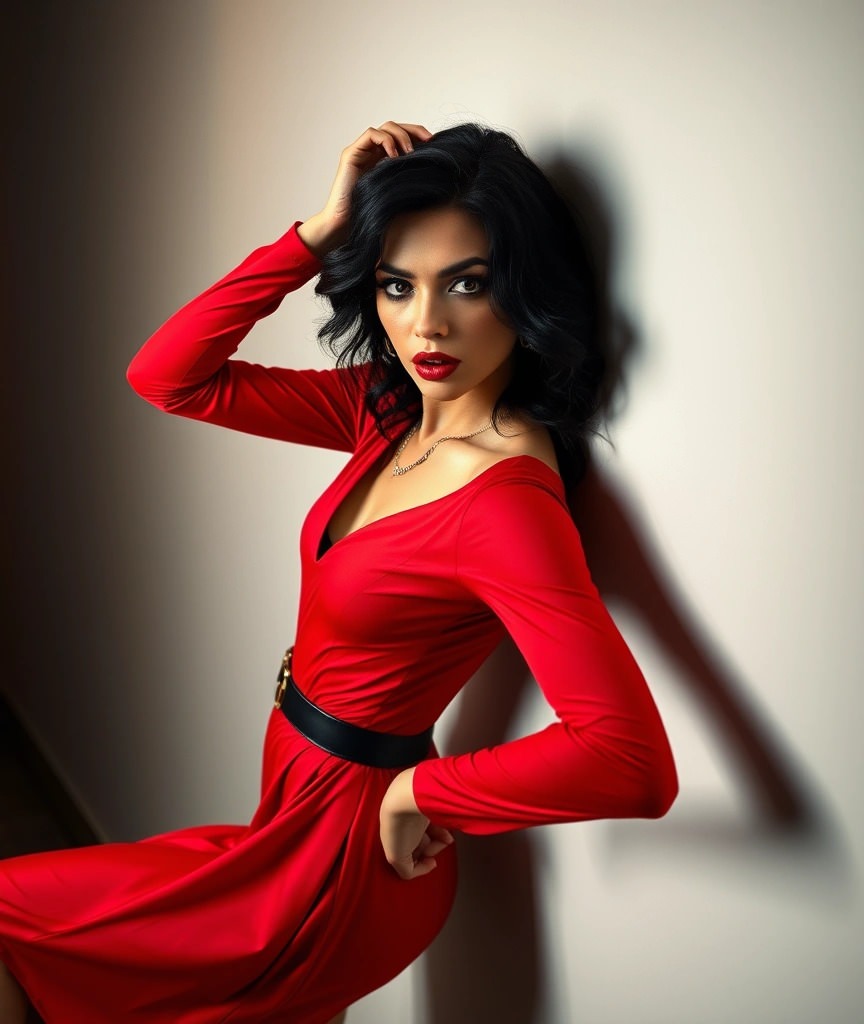 Cosa indossare per un evento aziendale 5 Donna con abito rosso a maniche lunghe, scollatura a V e cintura nera in vita. Look audace ed elegante.