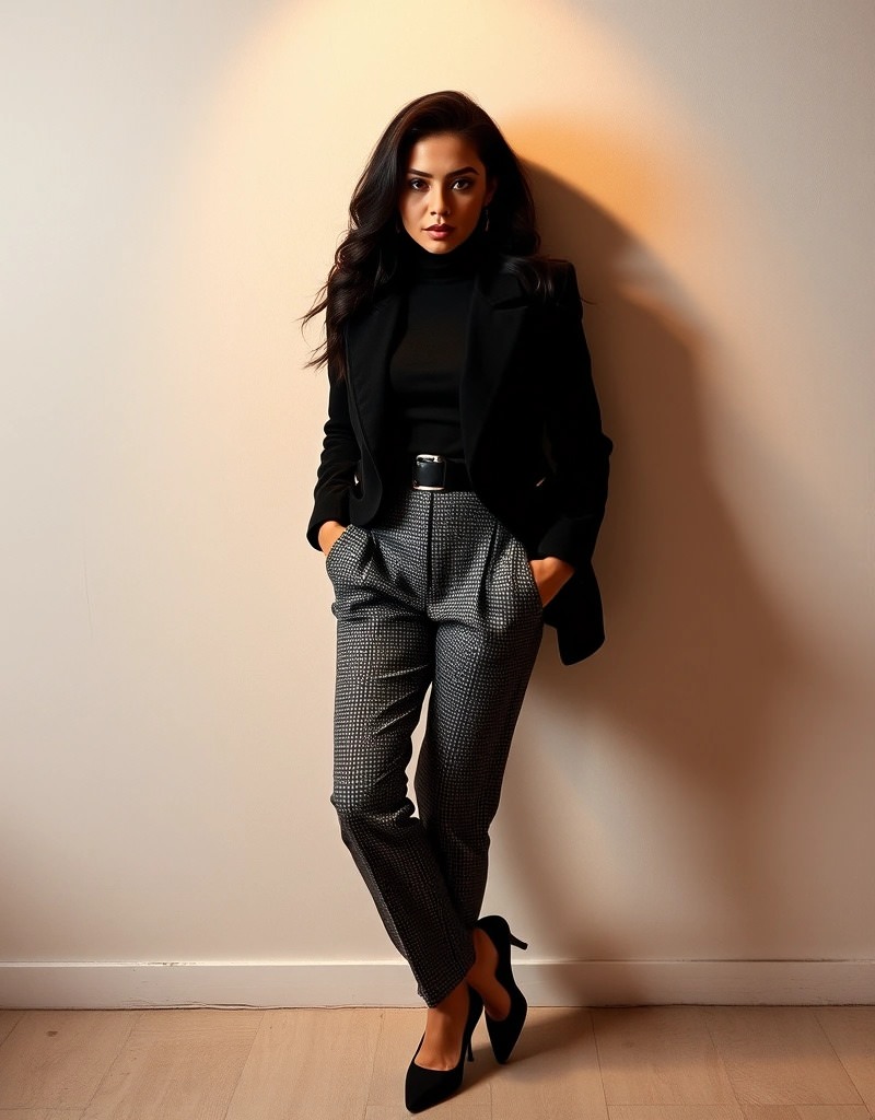 Donna con blazer nero e dolcevita nero, abbinato a pantaloni grigi a quadri e décolleté nere, per un look classico e raffinato.