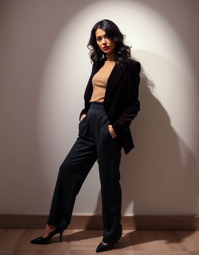Donna con blazer bordeaux e dolcevita beige indossa pantaloni neri a vita alta e tacchi a punta, in un look elegante e professionale.
