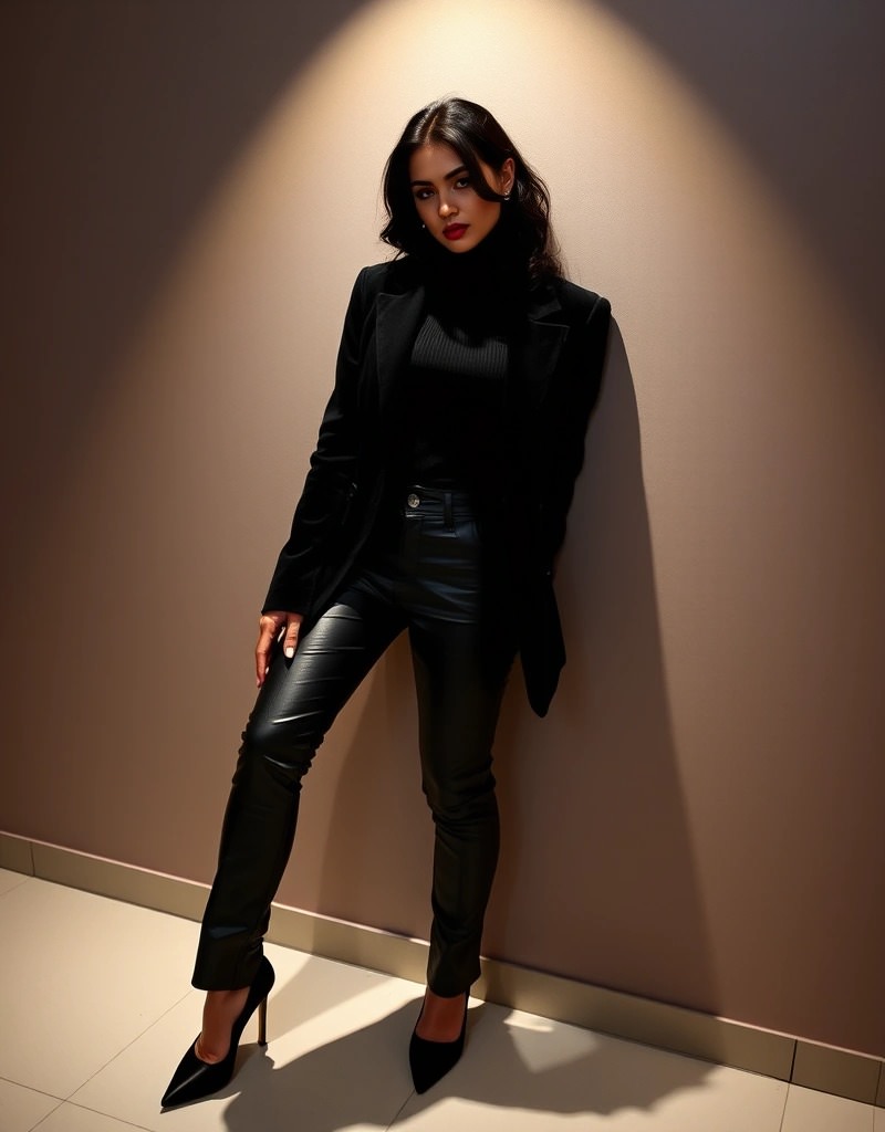 Donna in blazer nero, dolcevita nero e pantaloni in ecopelle nera, con tacchi a spillo, per un look grintoso e chic.