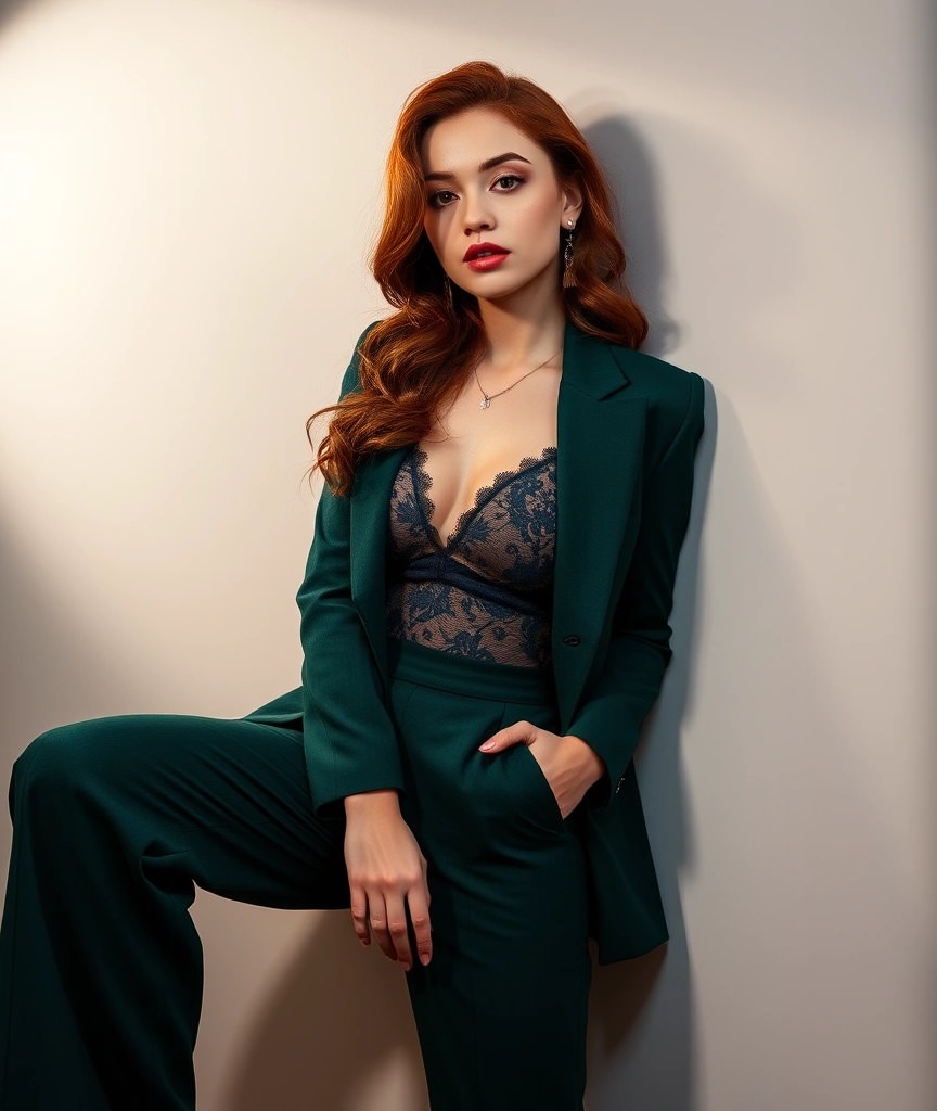 Come ci si veste per una cena aziendale 7 Donna con tailleur verde bosco e top in pizzo, seduta con una mano in tasca. Look raffinato e sensuale, perfetto per un evento serale o una cena aziendale chic.