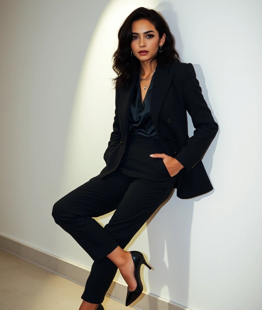 Cosa indossare per un evento aziendale 3 Donna con tailleur nero e pantaloni cropped, abbinati a una camicetta satinata e décolleté neri. Look elegante e moderno.