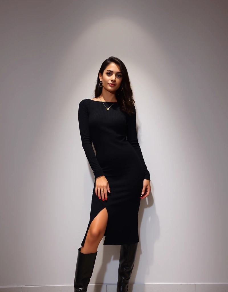 Donna con vestito midi nero a maniche lunghe e spacco laterale, abbinato a stivali alti in pelle nera, in un look elegante e sofisticato per l'inverno.

