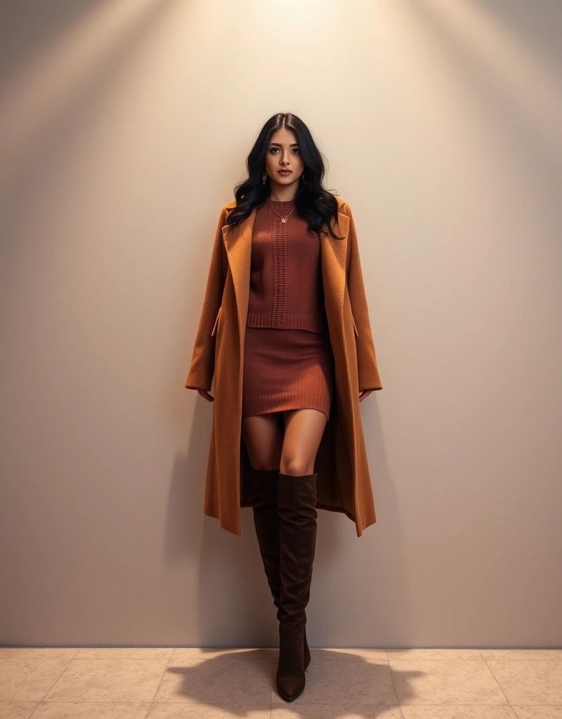 Donna in cappotto cammello abbinato a vestito marrone in maglia e stivali alti, per un outfit caldo e raffinato.