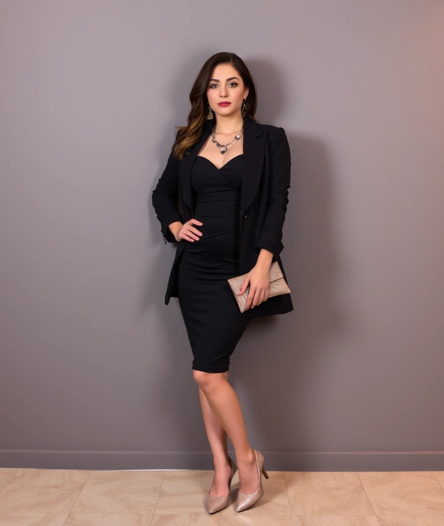 Come ci si veste per una cena aziendale 1 Donna che indossa un tubino nero aderente con blazer coordinato, décolleté dorate e clutch abbinata, in posa contro una parete grigia. Look sofisticato e adatto a una cena aziendale elegante.