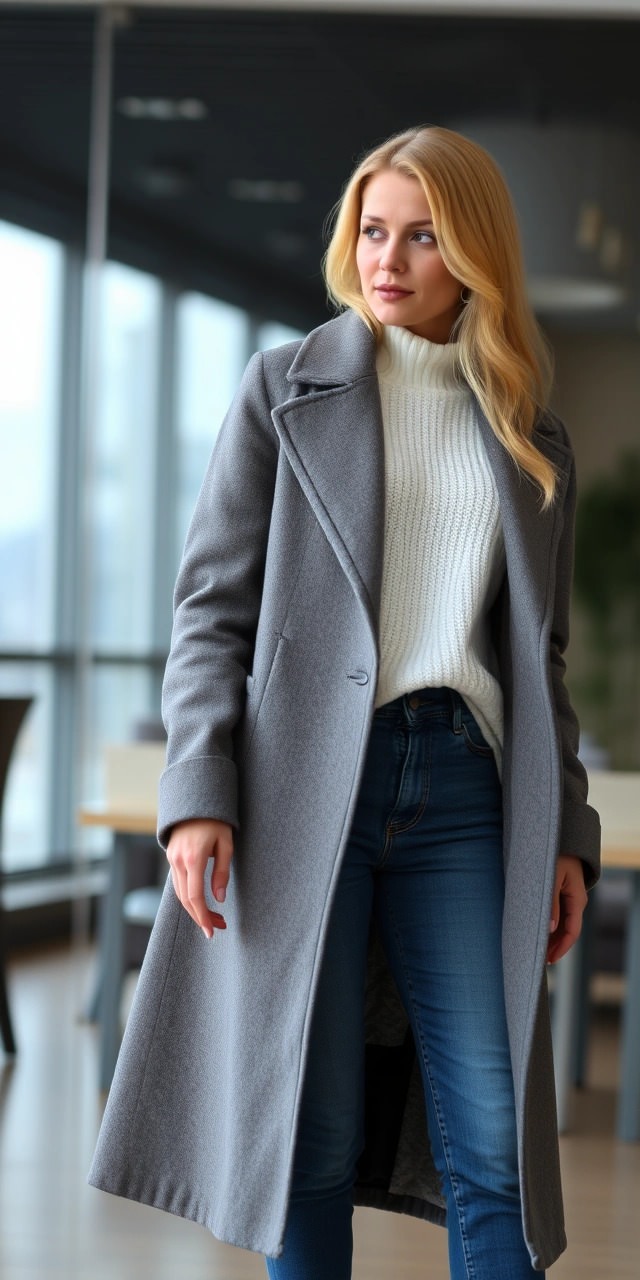 Come vestirsi bene in modo semplice? 10 Cappotto grigio lungo e dolcevita bianco abbinati a jeans: look sofisticato e versatile per vestirsi bene ogni giorno in inverno.