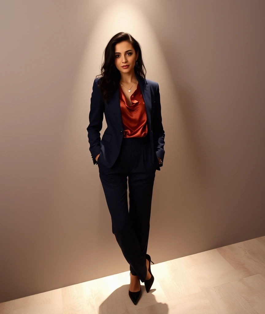 Cosa indossare per un evento aziendale 2 Donna in tailleur blu navy con camicia di seta color rame e décolleté neri. Look professionale e sofisticato.