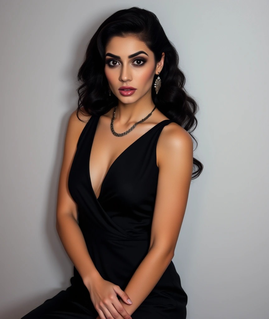 Cosa indossare per un evento aziendale 9 Donna in jumpsuit nera senza maniche con scollo profondo, abbinata a gioielli argentati. Look sofisticato e audace per un evento formale.