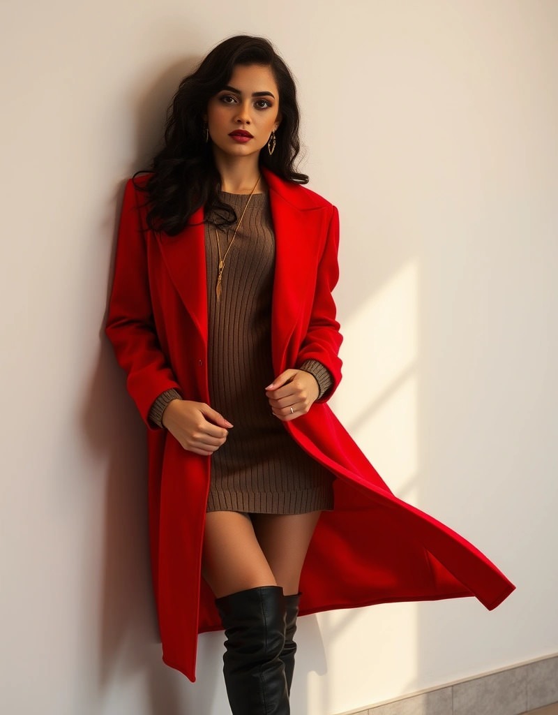 Donna con cappotto rosso acceso, vestito in maglia marrone e stivali alti neri, per un outfit audace ed elegante.