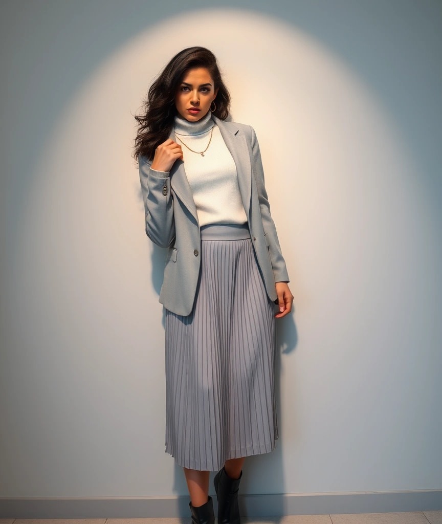 Cosa indossare per un evento aziendale 7 Donna con blazer celeste, dolcevita bianco e gonna plissettata midi abbinata. Look elegante e sofisticato, completato con stivaletti neri.